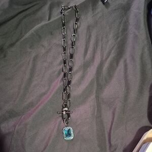 Black Link Necklace with Teal Crystal Halo Pendant